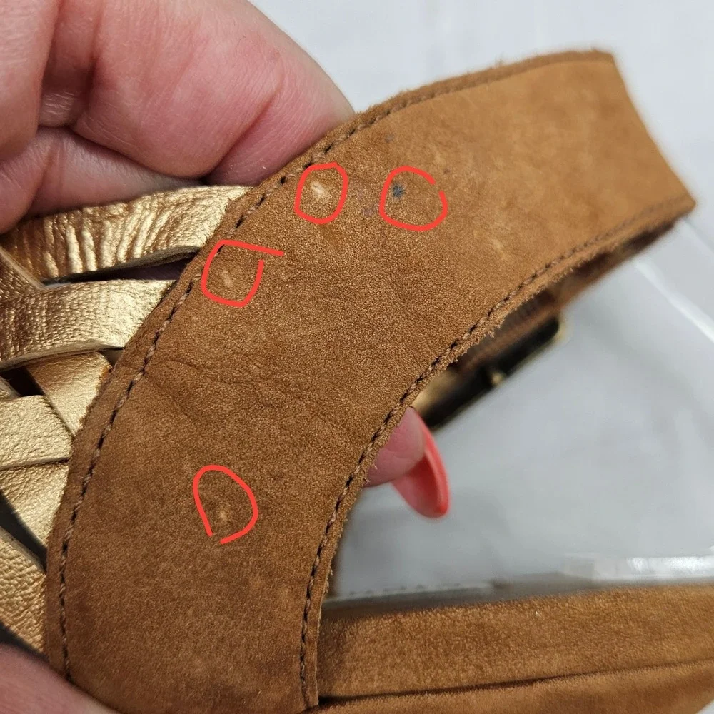 Cynthia Vincent Ramsay Gold Tan Leather Woven Strappy Mid Heel Sandals Size 6